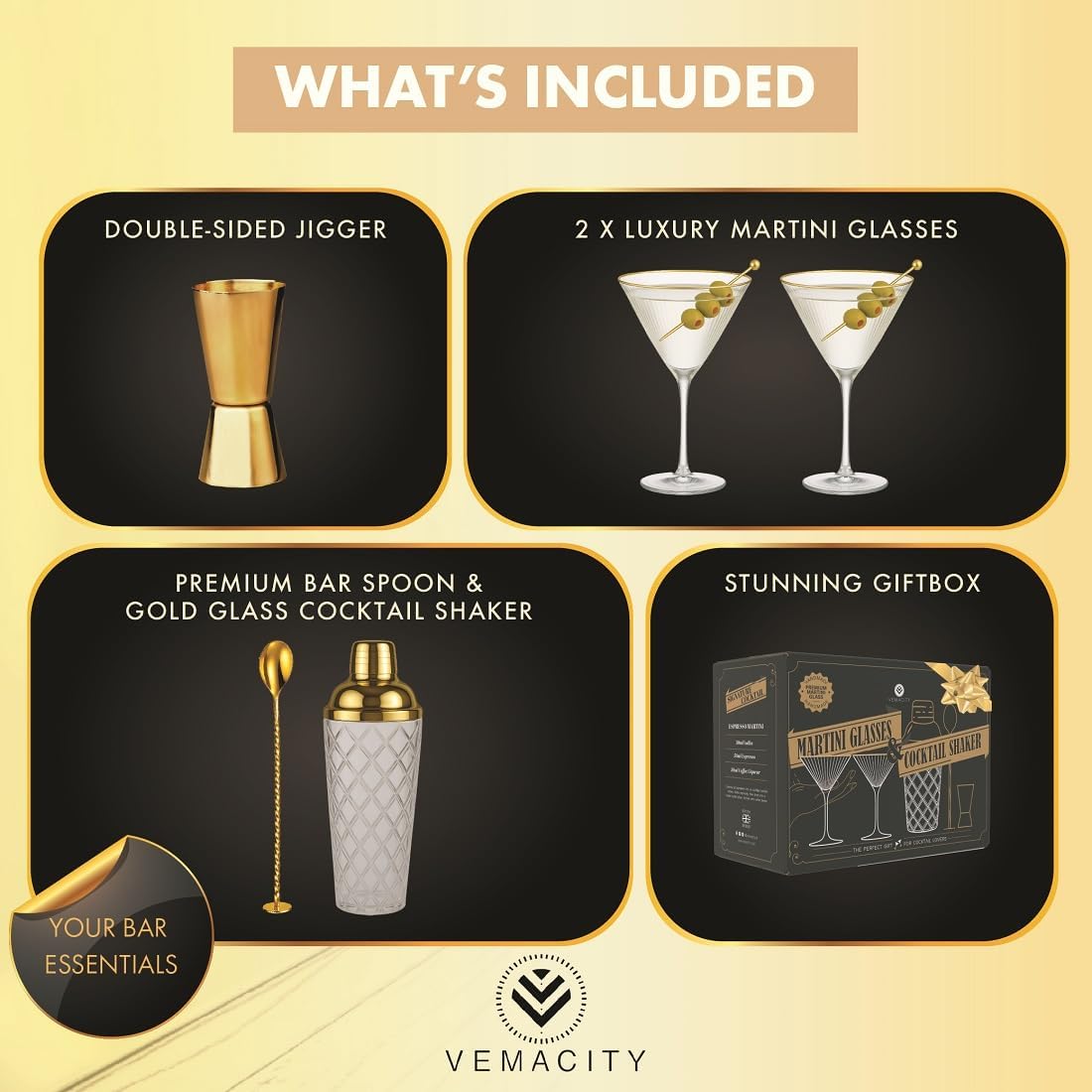 VEMACITY - Luxury Cocktail Shaker Set - Gold Glass Cocktail Shaker with Built-In Strainer + 2 Ribbed Espresso Martini Glasses with Gold Rims, Bar Spoon & Jigger | Ideal for Home Mixology