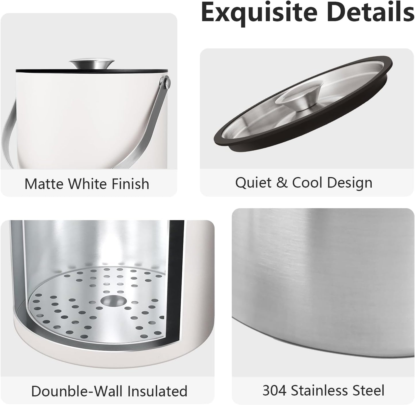 Bakpoco Insulated Ice Bucket with Silicone Lid, Scoop, Tongs & Strainer, 3L Stainless Steel Double Wall Ice Buckets for Parties & Cocktail Bar, Champagne Ice Bucket with Lid for Freezer, Ivory