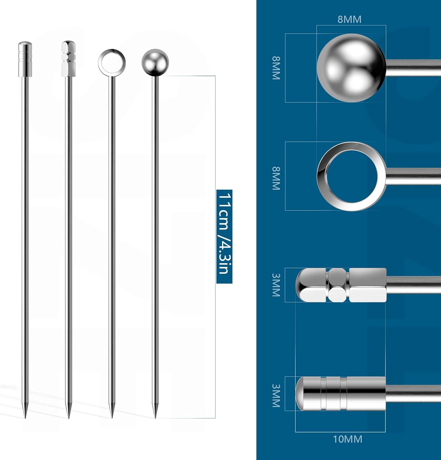 Cocktail Picks Stick, 20Pcs Stainless Steel Martini Picks, Reusable Metal Cocktail Skewers Olives Appetizers Bloody Mary Brandied
