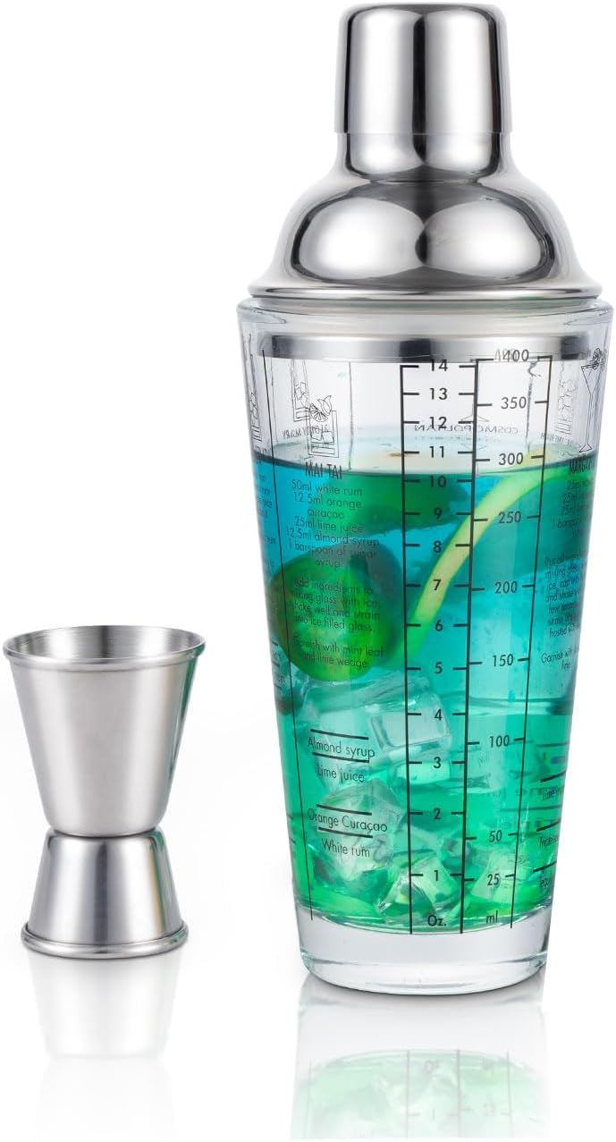 Ailelan Glass Cocktail Shaker with Strainer, 14oz Martini Shaker with 6 Recipes On Side, Clear Drink Shaker Bottle with Measurements, Bar Shakers Set Bartender Kit for Mixing Cocktail, Margarita