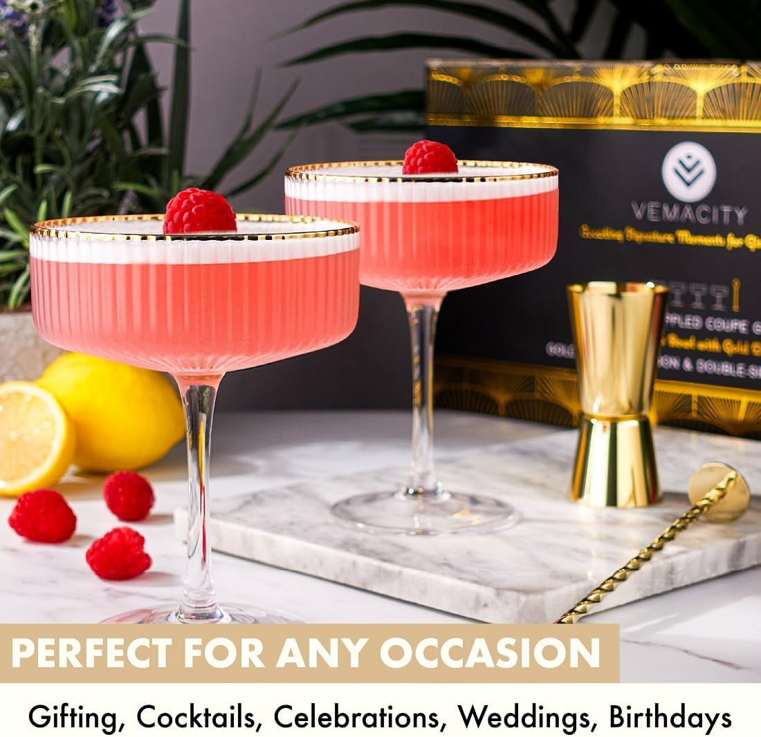 VEMACITY - Ribbed Espresso Martini Glasses Set of 4 with Gold Rims | Coupe Glasses | Vintage Cocktail Glasses for Margaritas, Champagne and More - Includes Jigger & Bar Spoon |