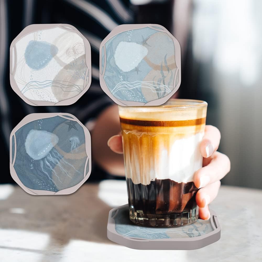 UMIRRO Absorbent Drink Coasters, Coastal Themed Cup Mat for Beach Lovers, Ocean Inspired Coffee Table Decor, Small Unique Birthday Gift Ideas for Men, Dad, Him, Women Mom, Her, 4", Bule, Set of 6