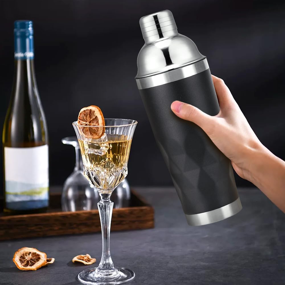 Insulated Cocktail Shaker Black -20oz Double Wall Vacuum Stainless Steel Martini Shaker with Built-in Strainer, Pro Leak-Proof Weighted Shaker for Home Bar, Premium Bar Gift Set