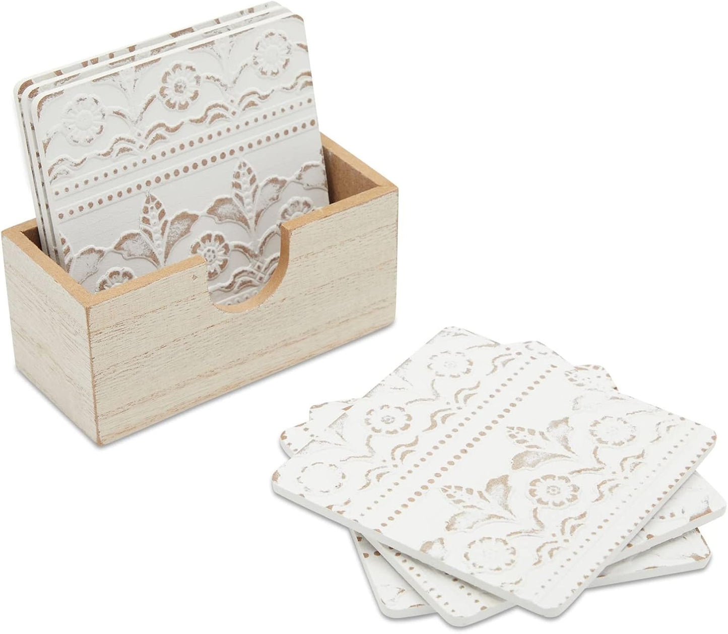 Juvale Wooden Coasters Set of 6-3.8 in, White, Square, Farmhouse Style - Coaster Holder for Coffee Table & Bar Decor - Kitchen & Living Room Decor