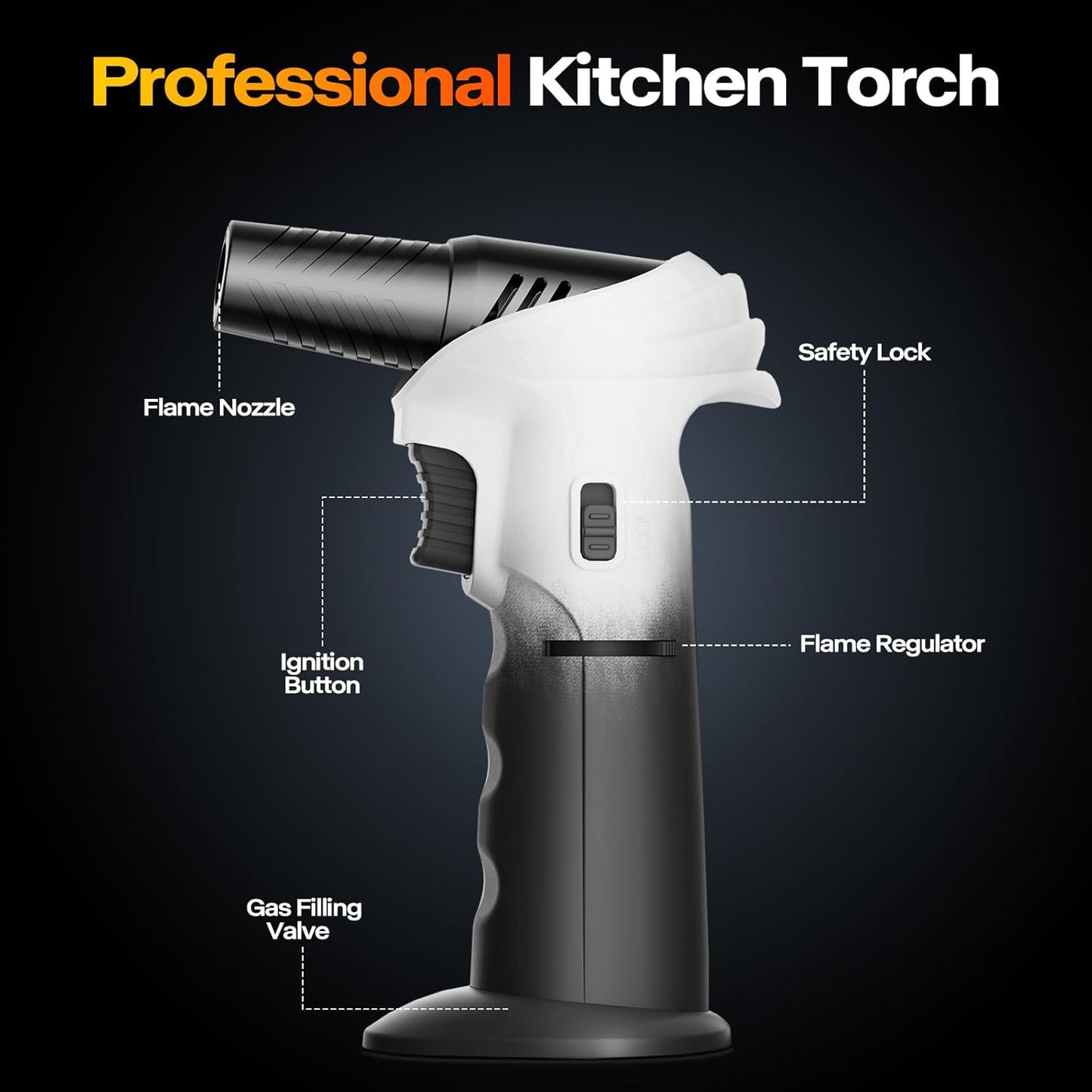 Butane Torch Lighter, 0-90°Rotating Angle Butane Lighter, Refillable Kitchen Torch with Safety Lock, Adjustable Flame for Soldering (White and Black)