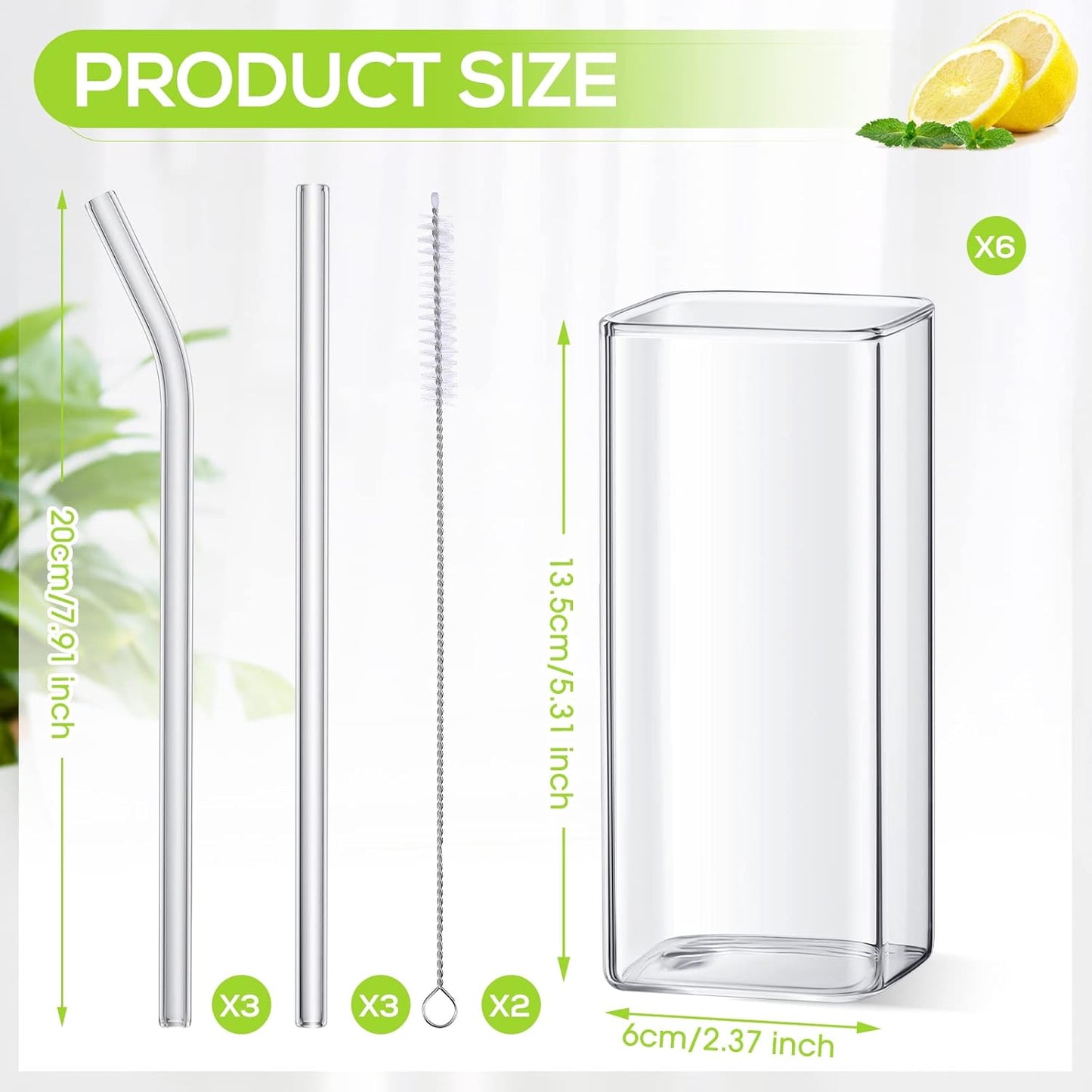 Sumind Set of 6 Square Drinking Glasses, Square Glass Cup 13 oz, Modern Highball Glassware Set, Thin Cocktail Glasses with Straws and Straw Brushes for Cocktail Coffee Water Juice Beer Drink Tumbler