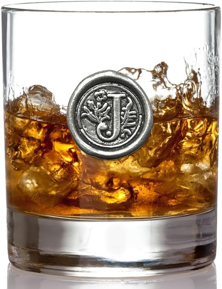 English Pewter Company 11oz Old Fashioned Whiskey Rocks Glass With Monogram Initial - Unique Gifts For Men - Personalized Gifts With Your Choice of Initial (J) MON110