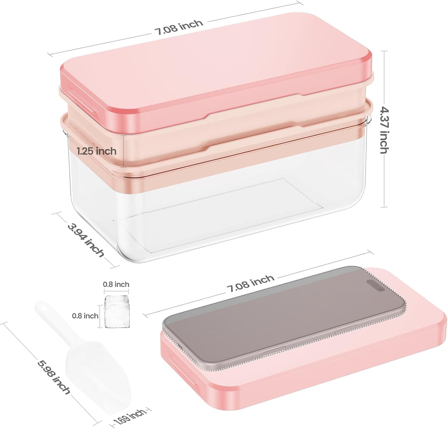 PHINOX Ice Cube Tray with Lid and Bin, Ice Trays for Freezer, Flexible Ice Cube Trays, Making 56 pcs Ice Cubes, Chilling Cocktail, Whiskey, Coffee, with 2 trays, Ice Container, Scoop&Cover, BPA Free