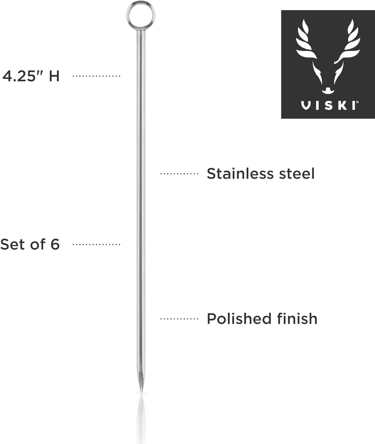 Viski Stainless Steel Cocktail Picks for Martini Olives and Cherries, Set of 6 Ring Top Metal Toothpicks for Drinks, Reusable Appetizer Skewers for Fruit and Cheese, Home Bar Accessories, 4.25”