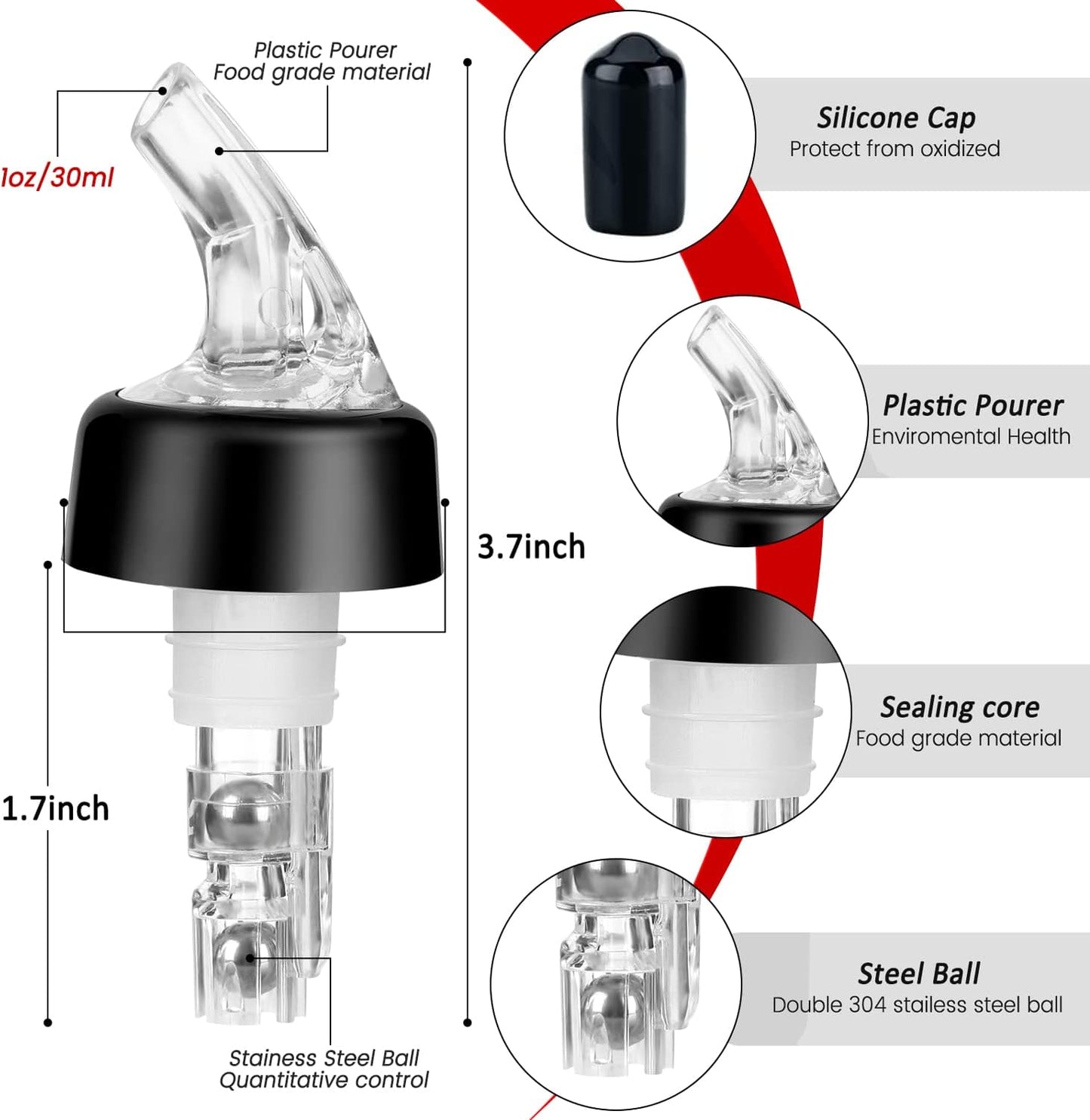 Automatic Measured Bottle Pourer - Quick Shot Spirit Liquor Pour Spouts with Dust Caps for Wine Cocktail Beverages - Ideal Home Bar Tools 1 oz / 30ml (Clear, 4 Pack)