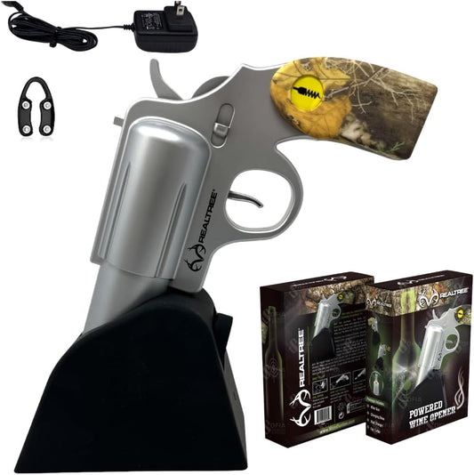 Realtree® Electric Gun Wine Bottle Opener - Open your Wine Bottle Fast with this New Corkscrew - Great Gift for Gun Enthusiasts and Wine Lovers. Foil Cutter and Charging Base Included. (Silver)