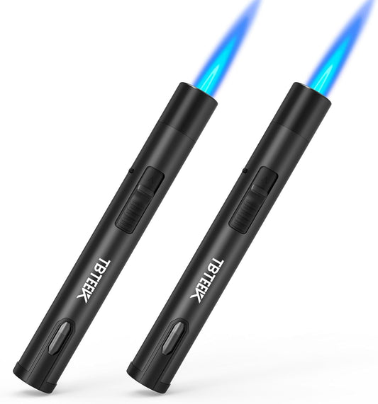 TBTeek 2 Pack Torch Lighters, Refillable Butane Lighter with Safety Lock & Continuous Flame, Visible Fuel Window, Adjuatable Jet Flame Lighter for Candle, BBQ, Fireplaces, Black(Butane Not Included)