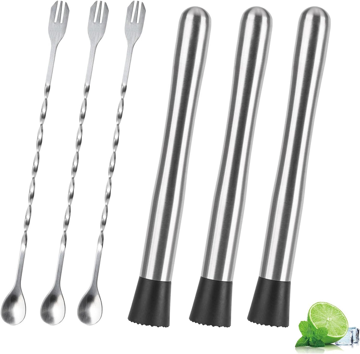 4 Pack Muddlers for Cocktail 304 Stainless Steel Fruit Crusher 8.3" Long Ice Crusher for Bar Party and Home - Muddler 3 + Spoon 3
