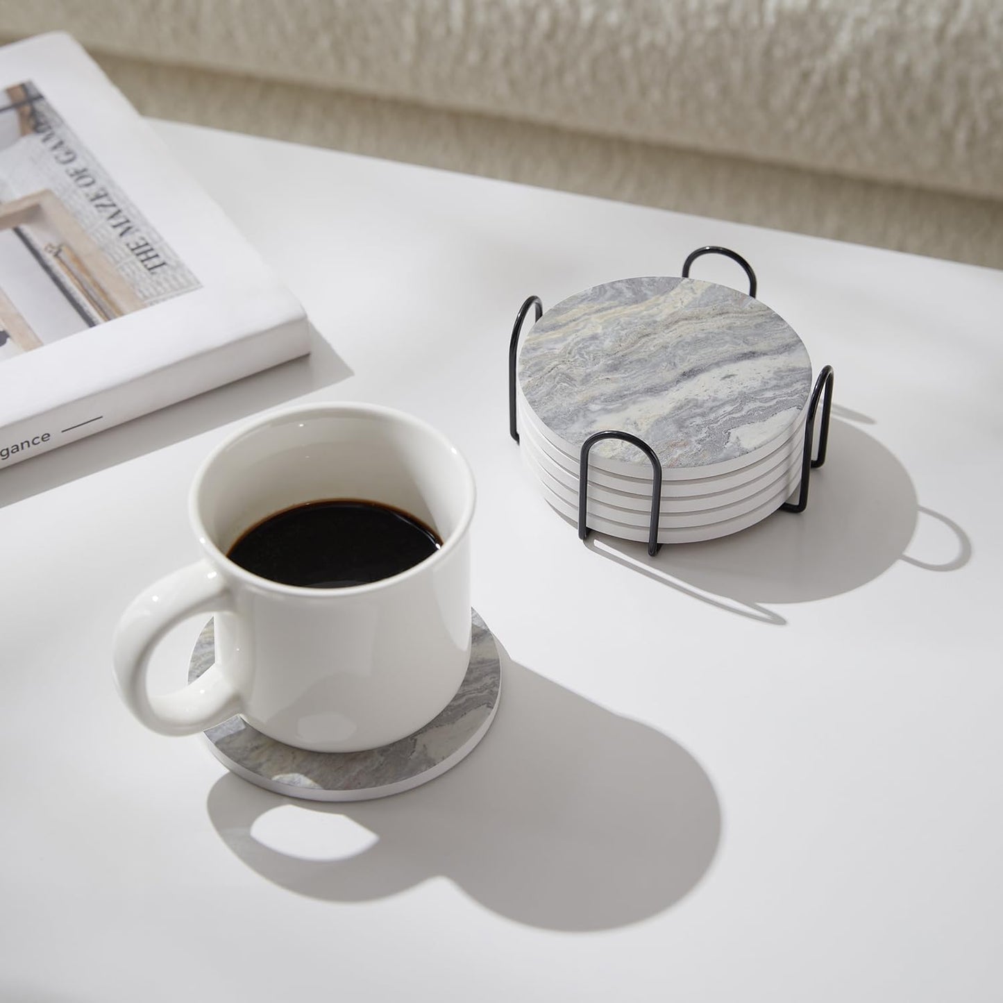Set of 6 Light Gray Abstract Onyx Marble Coasters with Holder, Absorbent Ceramic Coasters for Drinks, Coasters with Cork Backing for Table Protection, Coffee Table Decor