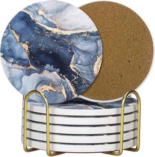 Ceramic Coasters Set of 6, Marble-Textured Design with Holder - Absorbent Cork-Backed Coasters for Cups, Bar & Coffee Table Decor Accessories (Dark Blue Marble, 6 Pack-Thin)