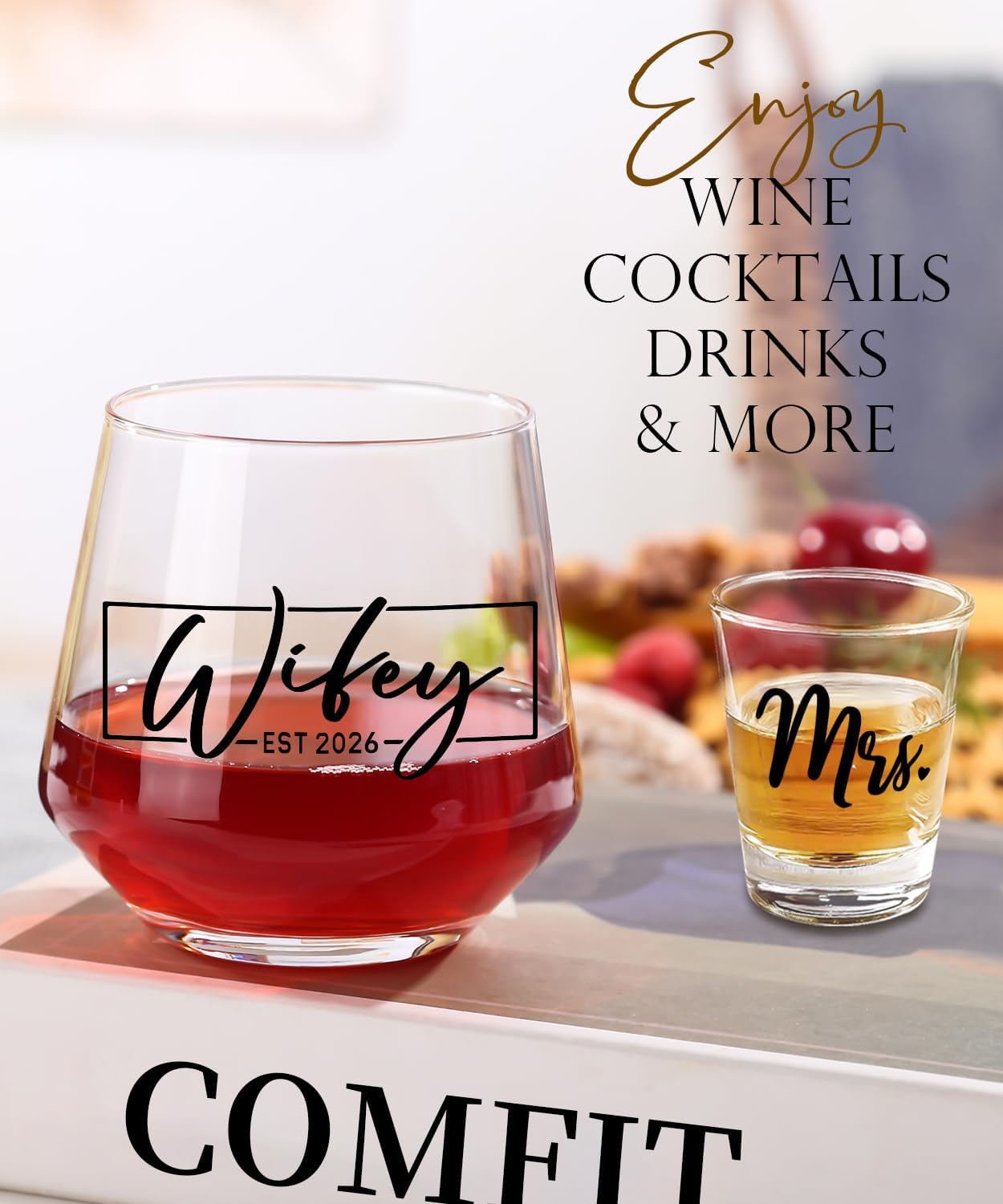 comfit Wedding Gifts 2026, Bridal Shower Gifts, Hubby & Wifey Wine&Whiskey Glass Set, His and Hers Glass, Mr and Mrs Shot Glass, Hubby and Wifey Gift, Anniversary Newlyweds Gifts for Couple