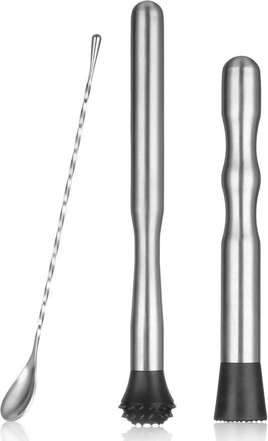 Stainless Steel Cocktail Muddler for Cocktails Set, 8 & 12 Inch Muddlers with Long Handle Bar Spoon, 3 Piece Mojito Muddler Kit for Mint, Lime, Fruit and Mixed Drinks - Short & Long