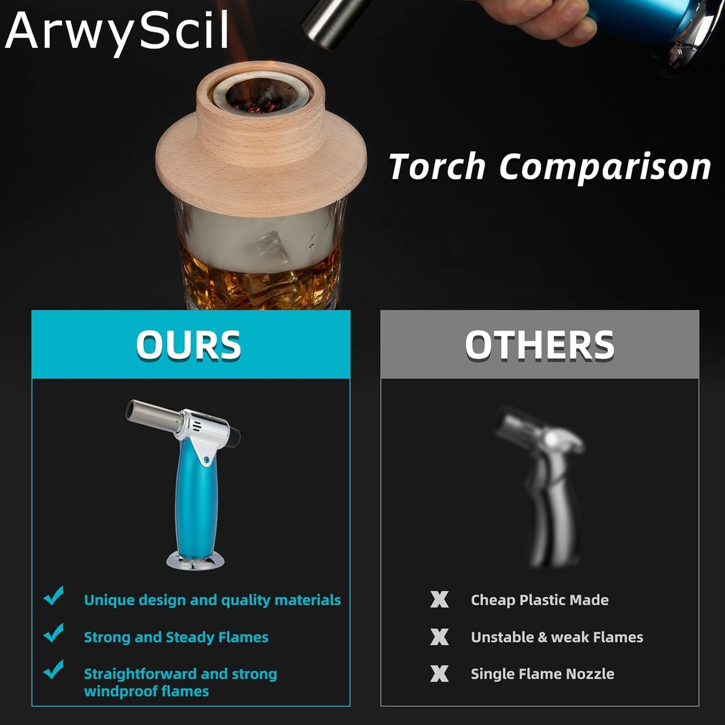 Cocktail Smoker Kit With Torch, Old-fashioned Infuser Kit for Party, 6 Flavored for Cocktail, Whiskey, Bourbon Smoker Lover, Gifts for Birthday, Men, Dad, Husband (Without Butane)