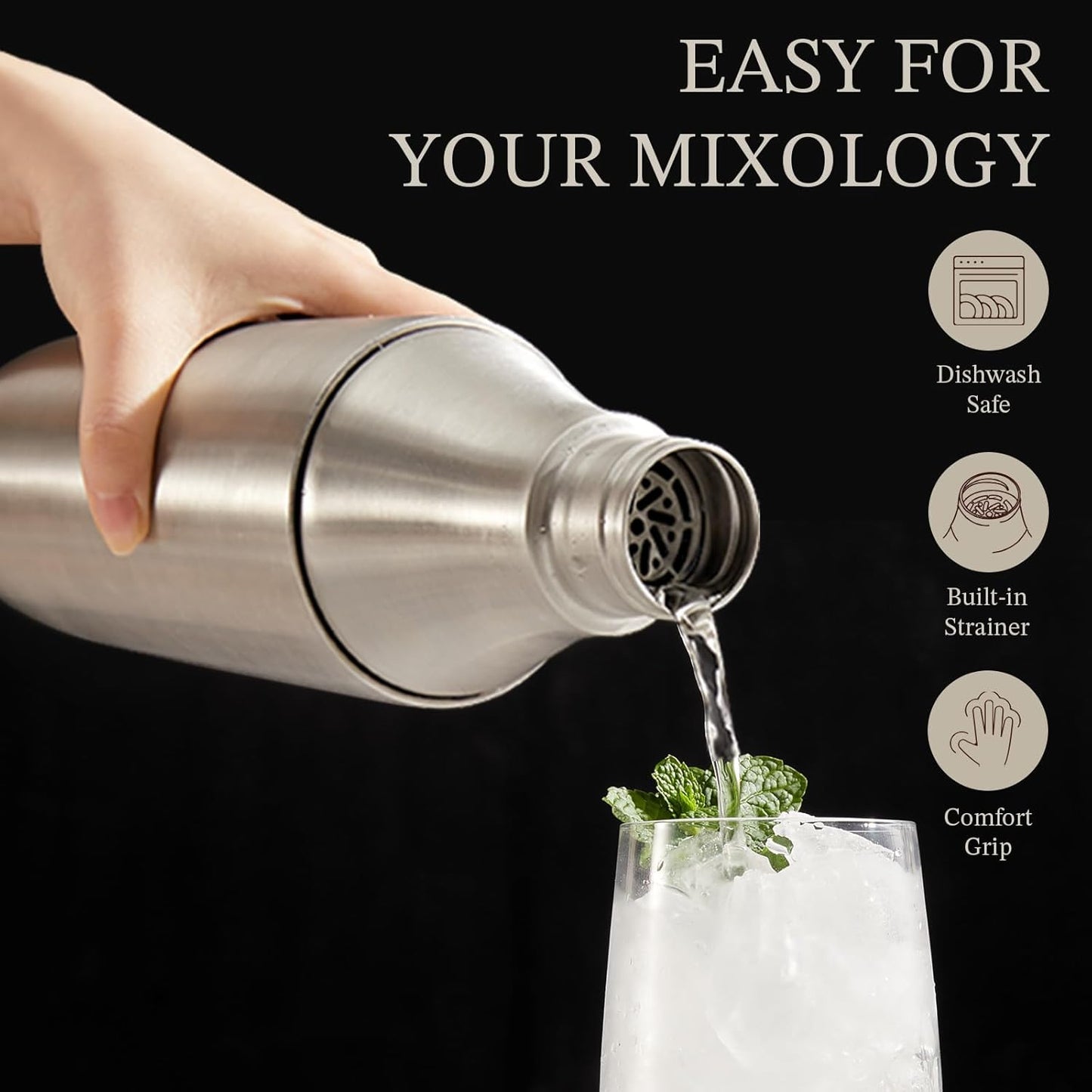 Kitessensu Hybrid Cocktail Shaker | Vacuum Insulated Stainless Steel Martini Shaker with Double Wall Martini Cup | Integrated Measuring System | Tumbler Lid & Cocktail Recipes Included | Silver