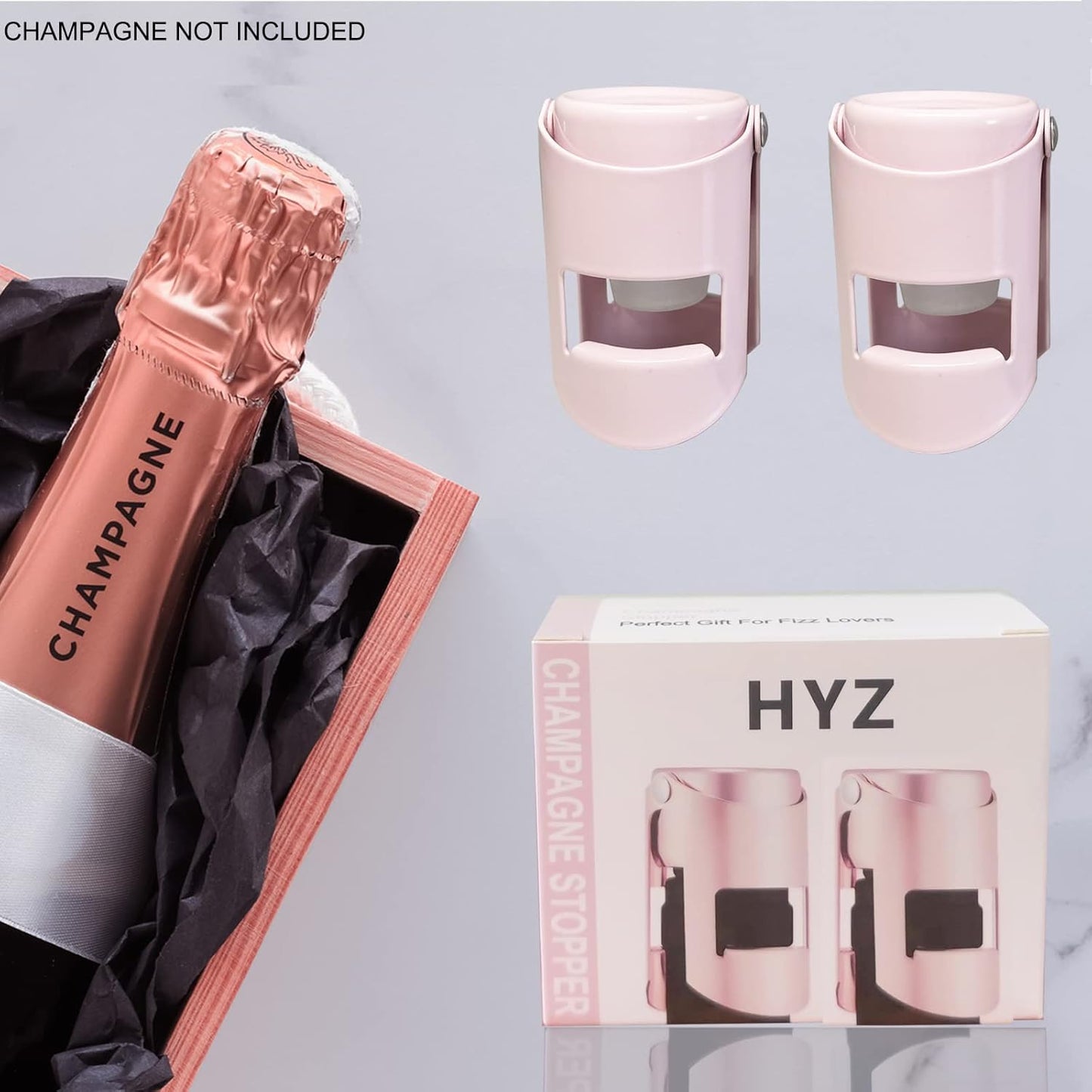 HYZ Champagne Stoppers - Stainless Steel Sparkling Wine Bottle Stopper with Pure Silicone Air Tight Seal - Professional Wine Saver for Champagne，Prosecco and Cava (2Pack Pink)