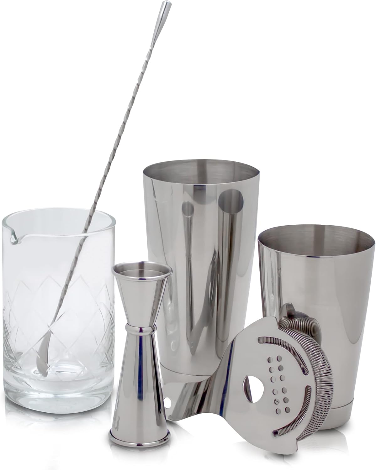 The Art of Craft Professional Bartending Set for Shaken and Stirred Drinks: Boston Cocktail Shaker, Hawthorne Strainer, Japanese Jigger, Bar Spoon and Crystal Mixing Glass