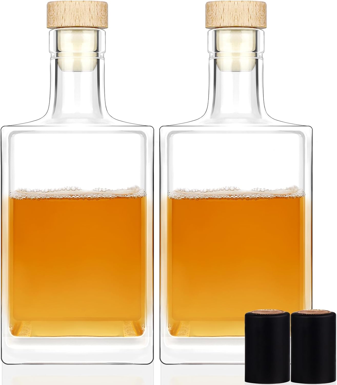 2Pack 25 oz Glass Bottles with Lid 750 ml Clear Empty Bottles with Cork Square Glass Bottle with Cap for Liquor Vodka Brandy Whiskey Beer Water Soda