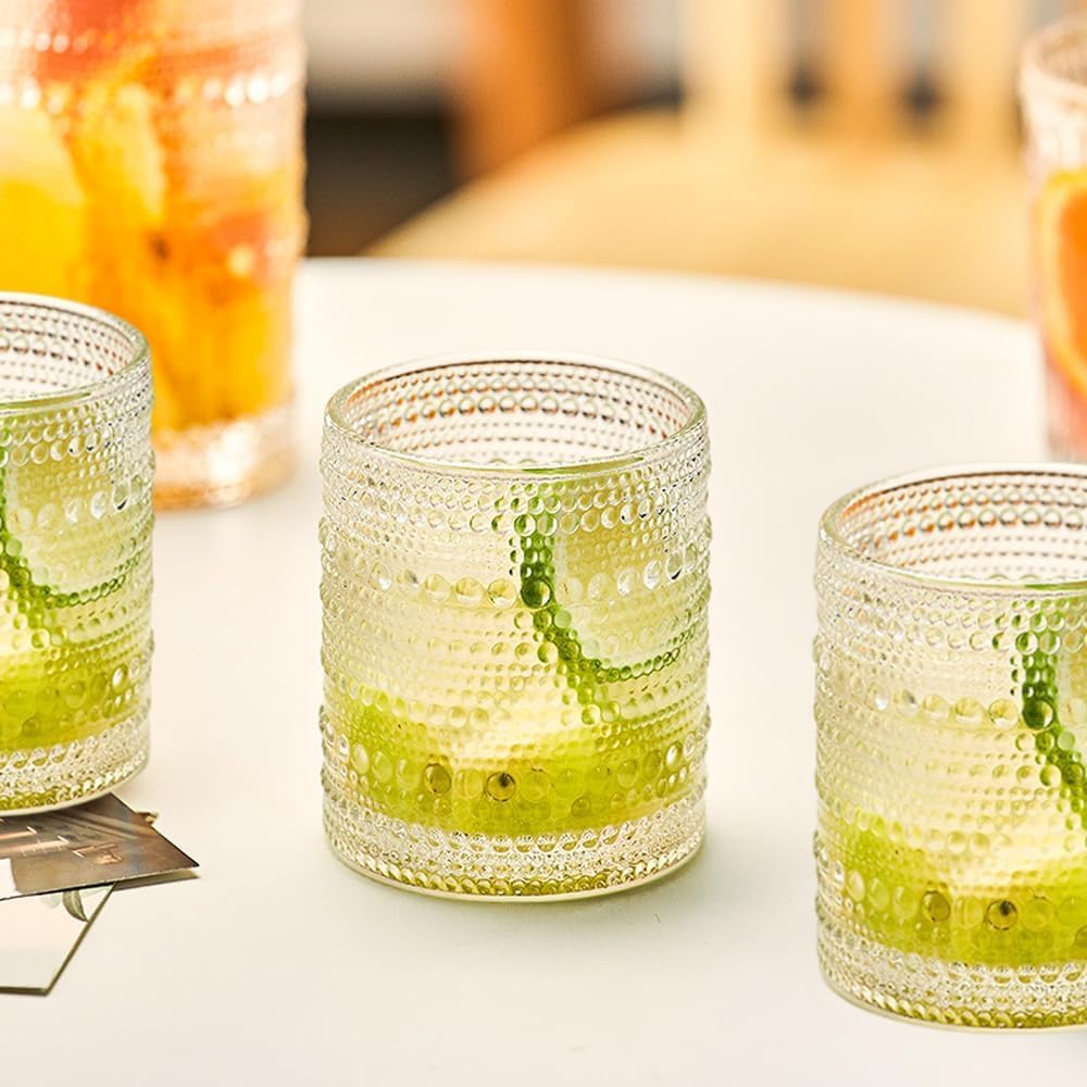 Hobnail Drinking Glasses Set of 6, 10 oz, Cocktail Glasses Vintage Glasses Drinking Set Glass Cups Mixed Drinkware Set Vintage Glassware Set for Juice, Cocktail, Whisky, Soda, Beverages. Clear