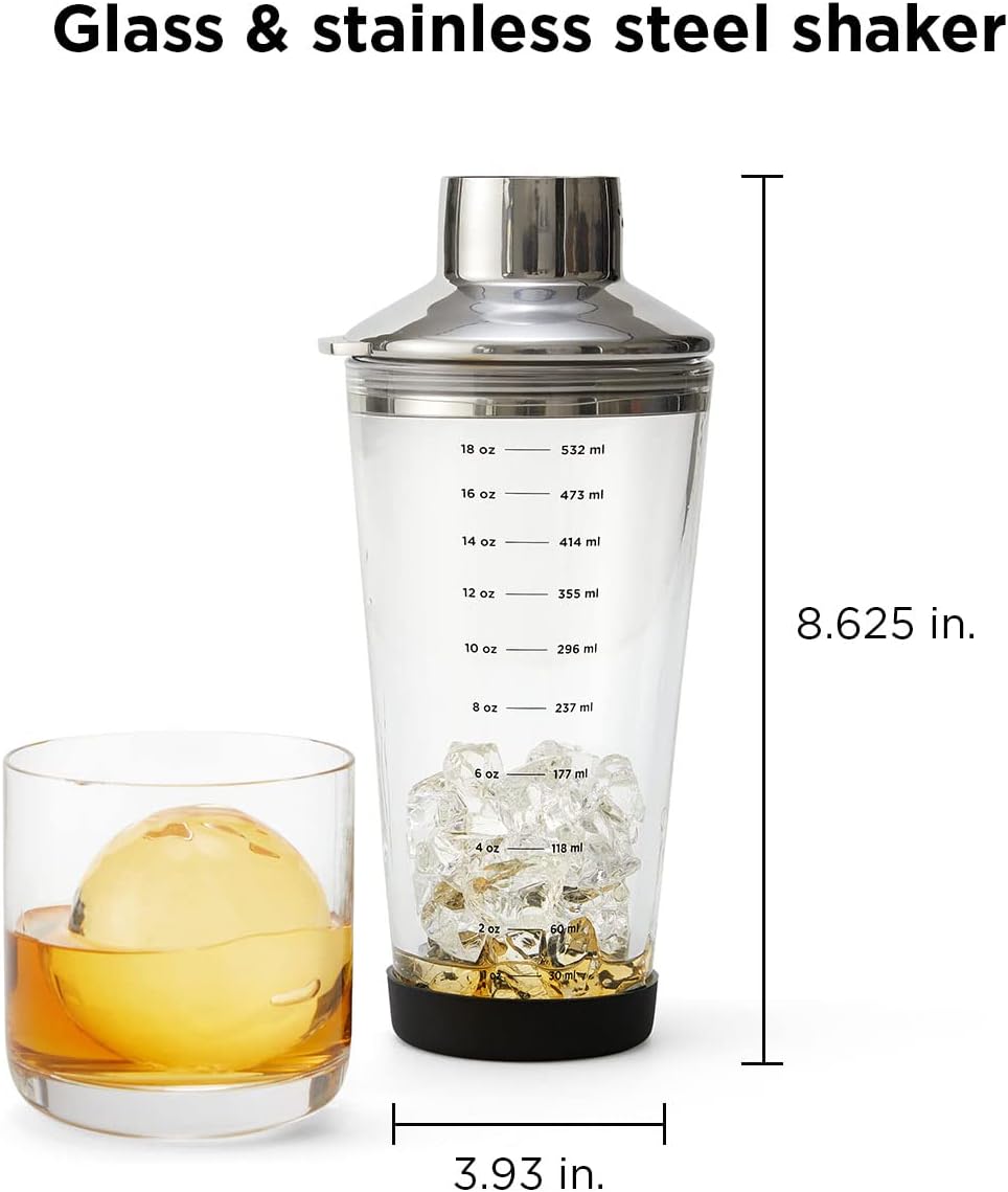 Rabbit 18 oz Glass Cocktail Shaker with Printed Measurements, Multi-Use Stainless Steel Topper with 1.5 oz Jigger Cap and Strainer, 3.94 x 3.54 x 9.06 IN