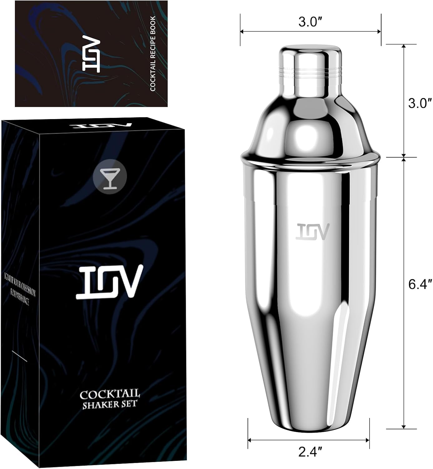 IOV Cocktail Shaker, 24 oz Martini Shaker, Drink Mixer with Built-in Strainer, Professional Stainless Steel Margarita Alcohol Shakers with Cocktail Recipe Guide, Bartender Kit Gifts