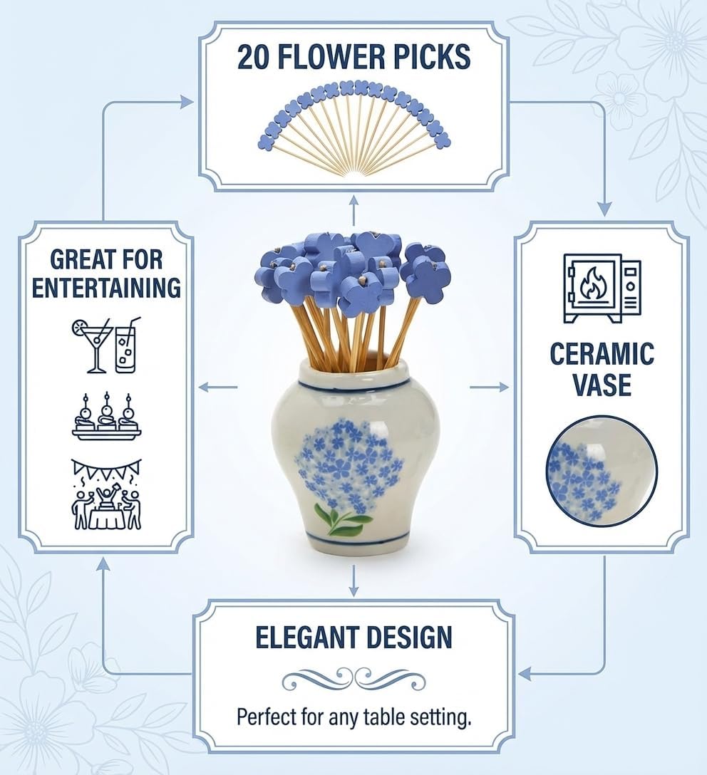 Hydrangea Ginger Jar & Bamboo Cocktail Picks Set - Elegant Ceramic Decor Piece with 20 Eco-Friendly Picks for Entertaining