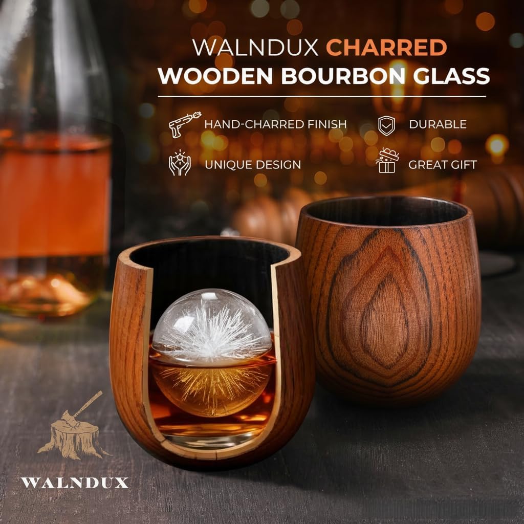 Charred Wooden Whiskey Glasses Set - 2 Pack with Ice Ball Molds - Premium Bourbon Gifts for Men Dad Brother - Old Fashioned Glasses