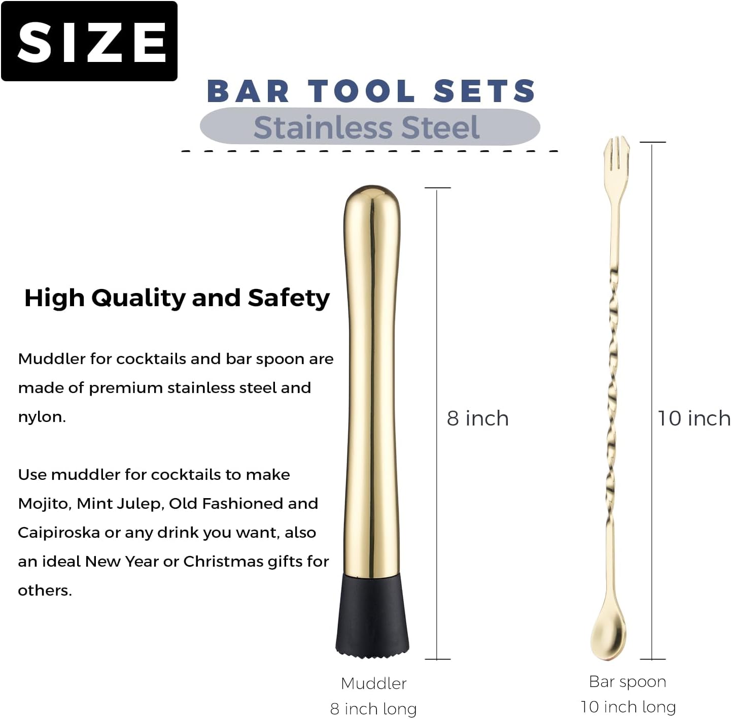 Muddler for Cocktails, 10 Inches Bar Mixing Spoon, 8 Inches Muddler - Premium 2 Piece Gold Cocktail Muddler for Drinks