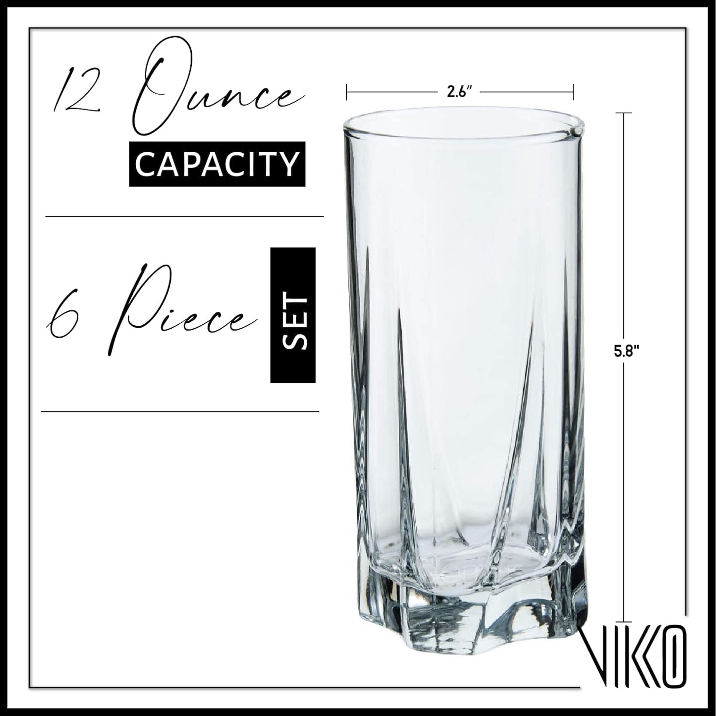 Vikko Drinking Glasses, 12 Oz Drinking Glasses Set of 6, Crystal Clear Glass Cups for Water or Juice, Highball Glass Tumbler & Water Glasses for Drinking