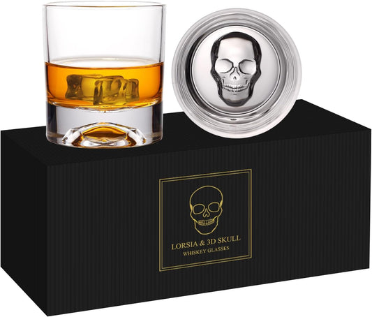 Hand Blown Crystal Skull Whiskey Glasses, Set of 2 Bourbon Glasses In Gift Box - 10 Oz Old Fashioned Glasses for Scotch, Cocktail, Rum - Perfect Gifts for Halloween, Christmas, Thanksgiving for Men | Hand Blown, Bourbon Glasses, In Gift Box, for Scotch, C