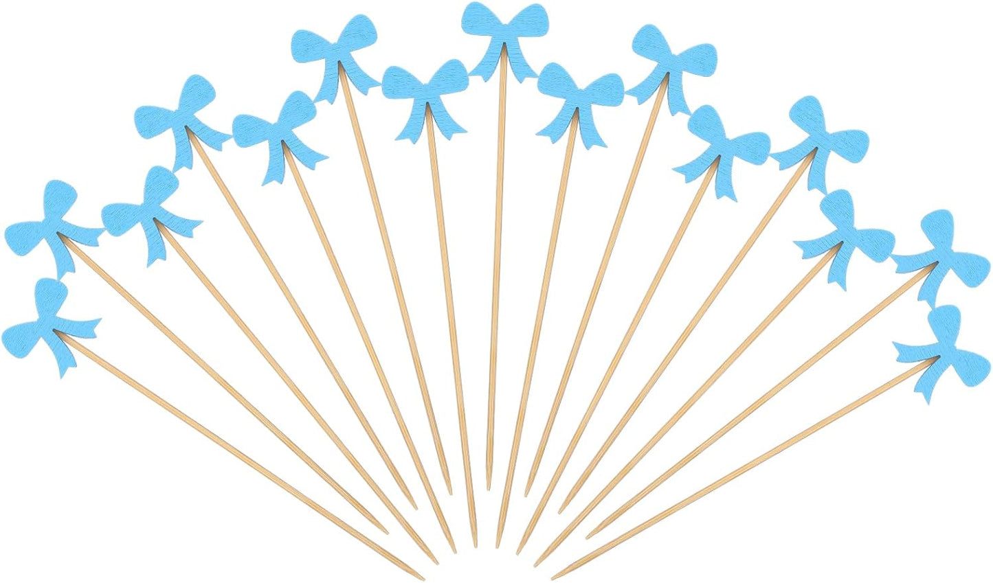 Tioncy 100 Pcs Blue Bow Cocktail Picks Swizzle Stick Toothpicks 4.72 Inch Long Bamboo Fancy Toothpicks for Appetizers Drinks Birthday Bridal Wedding Baby Shower Party Decoration