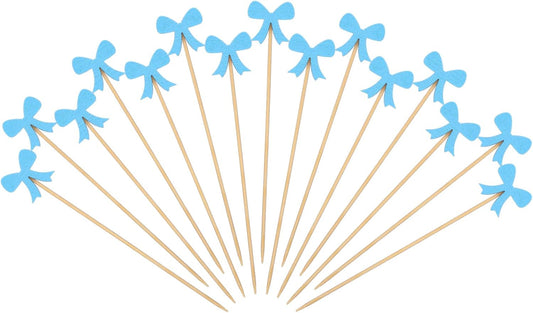 Tioncy 100 Pcs Blue Bow Cocktail Picks Swizzle Stick Toothpicks 4.72 Inch Long Bamboo Fancy Toothpicks for Appetizers Drinks Birthday Bridal Wedding Baby Shower Party Decoration