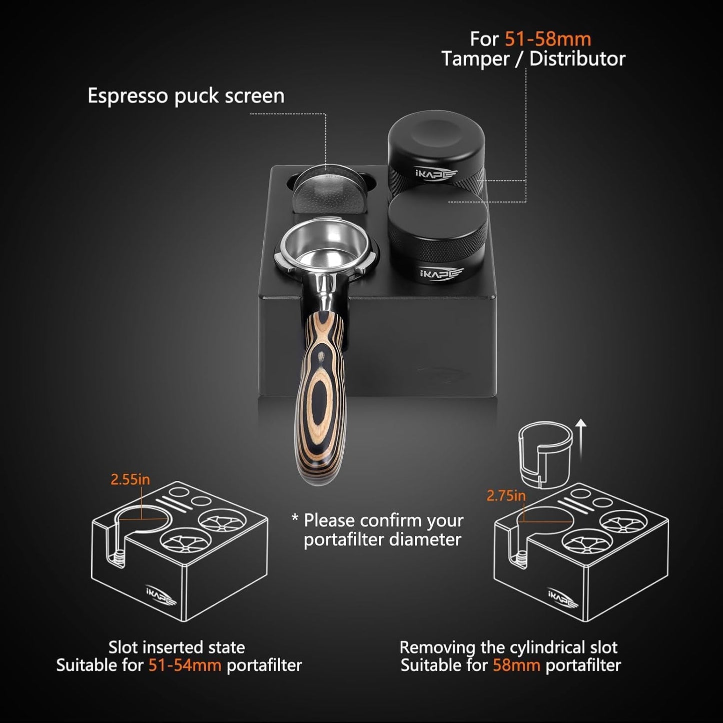 IKAPE ABS Espresso Knock Box, 7 in 1 Coffee Organizer Box Fit for Storage 51, 54, 58MM Espresso Tamper, Distributor, Portafilter & Puck Screen Accessories(Black)