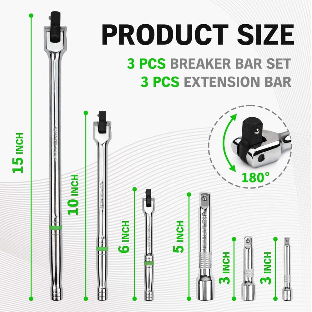 SWANLAKE GARDEN TOOLS 6-Piece Premium Breaker Bar Set, 1/4", 3/8" & 1/2" Drive, Heavy Duty Breaker Bars, 6-inch, 10-inch, 15-inch Length with 180° Rotatable Head