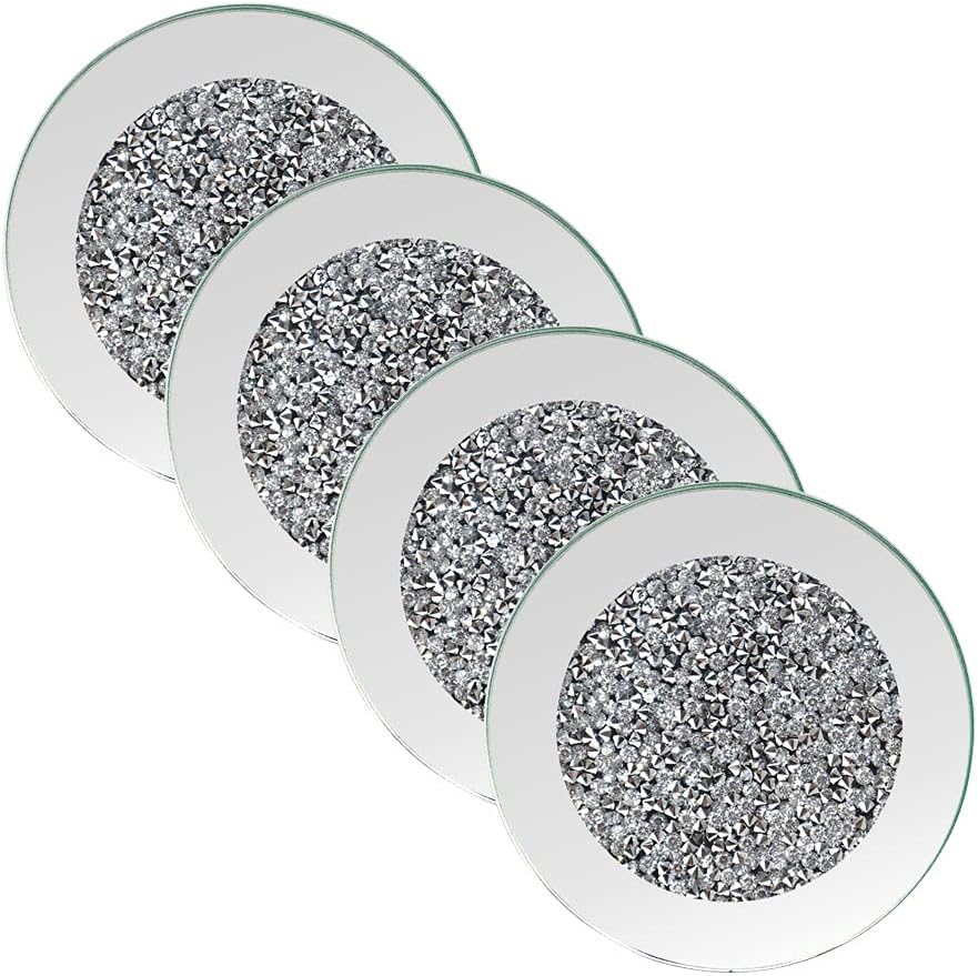 GIMORRTO Glass Mirrored Coaster 4 PC, Crushed Diamond Round 4" Cup Mat Decor on Tabletop for Bar Tools Dining Table