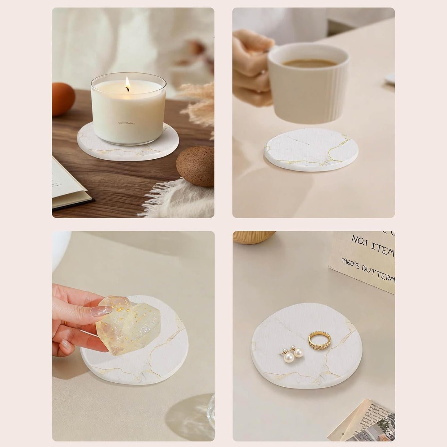 Diatomaceous Earth Coasters Set of 4，Super Absorbent Quick-Dry Heat-Resistant Drink and Coffee Coasters, Modern Stone Irregular Design for Kitchen Counter and Coffee Table (White Coaster)