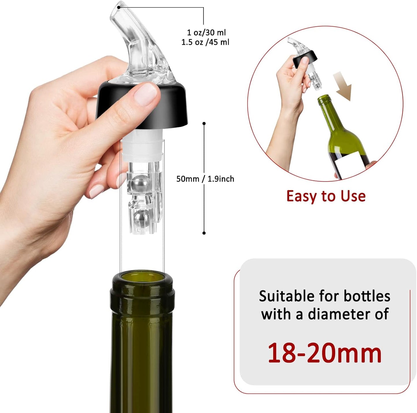 Automatic Measured Bottle Pourer - Quick Shot Spirit Liquor Pour Spouts with Dust Caps for Wine Cocktail Beverages - Ideal Home Bar Tools 1 oz / 30ml (Clear, 4 Pack)