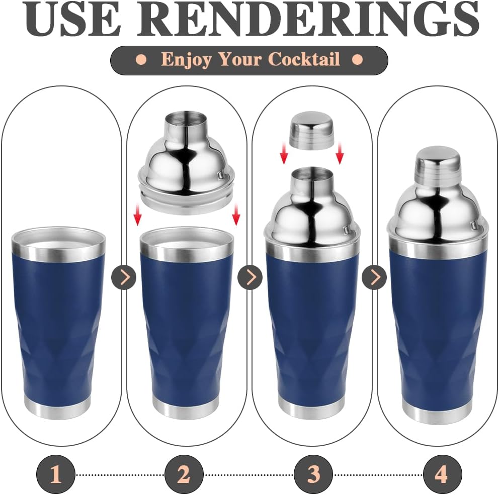 Insulated Cocktail Shaker Blue -20oz Double Wall Vacuum Stainless Steel Martini Shaker with Built-in Strainer, Pro Leak-Proof Weighted Shaker for Home Bar, Premium Bar Gift Set