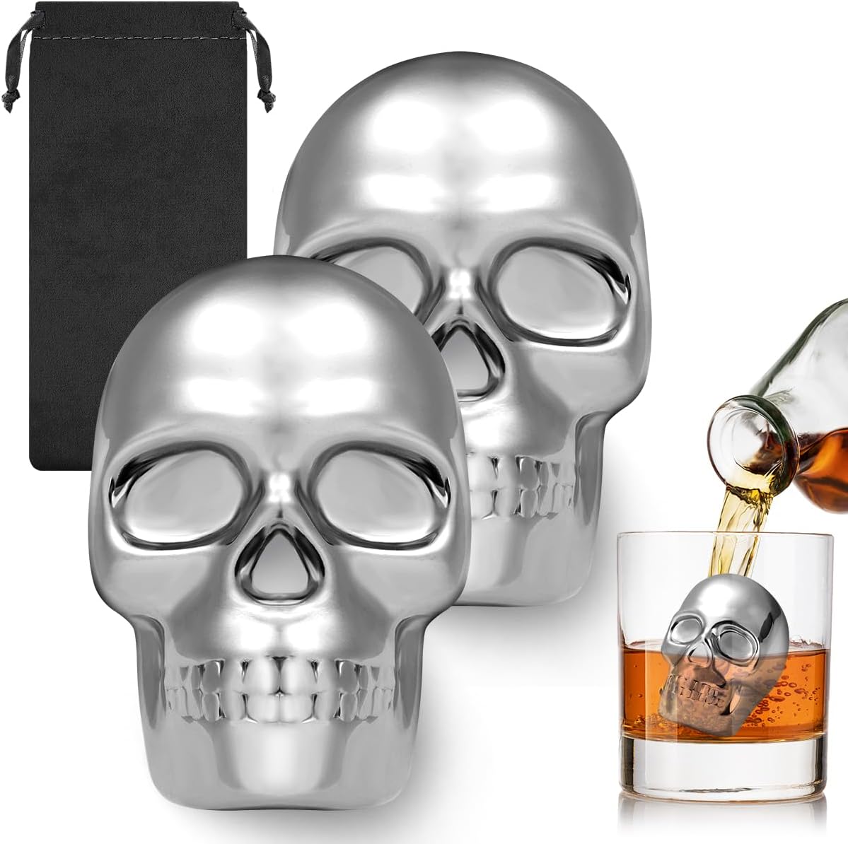 Skull Head Stainless Steel Ice Cubes Mold, Whisky Stones Stainless Steel, Set of 2 with Gift Bag, Skull Head Cooling Stones, Whiskey Stones Reusable, Bar Accessories, for Whisky, Gin, Rum, Tequila