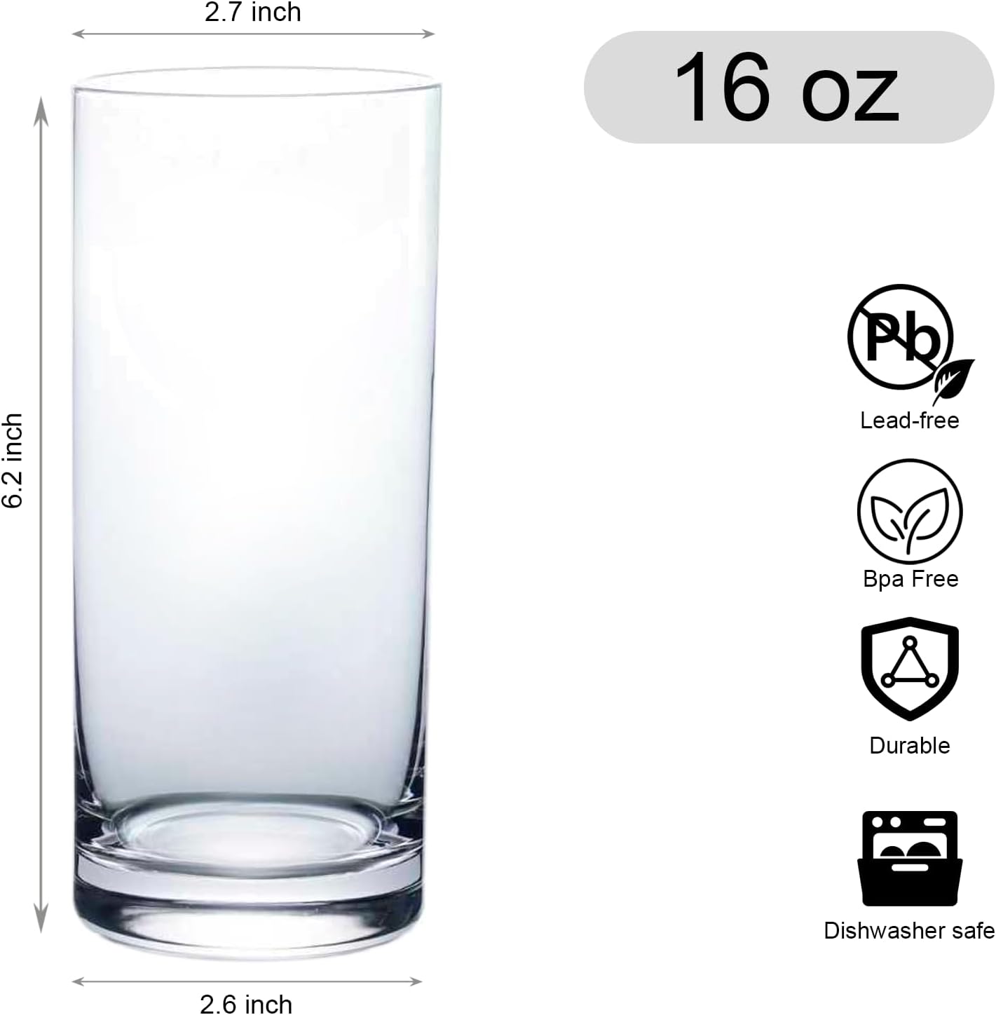 Drinking Glasses Set of 6, 16oz Crystal Highball Glasses, Clear Tall Glass Cups,Water Glass for Kitchen,Tom Collins,Juice,Whiskey,Mojito Cocktail Glasses for Bar Glassware,Gifts for Christmas