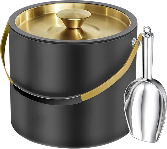 3.2L/3.4Qt Modern Insulated Ice Bucket with Lid, Scoop - Black