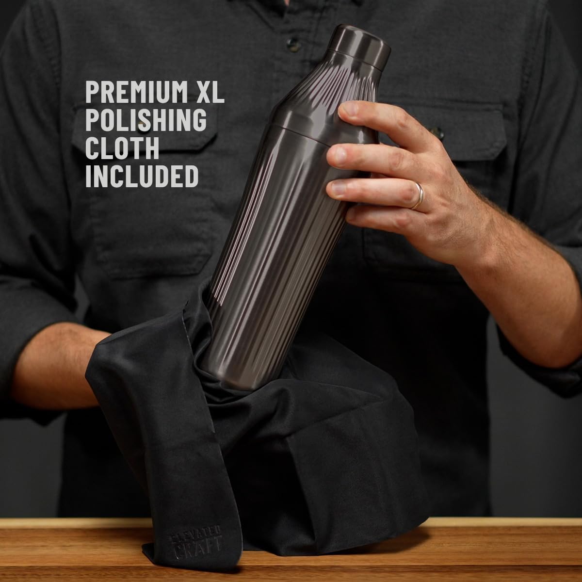 Elevated Craft Diamond Edition Hybrid Cocktail Shaker Set - Premium Vacuum Insulated Gunmetal Black, 28 oz, Includes Built-in Strainer, Precise Measuring Top & XL Polishing Cloth - Martini Shaker