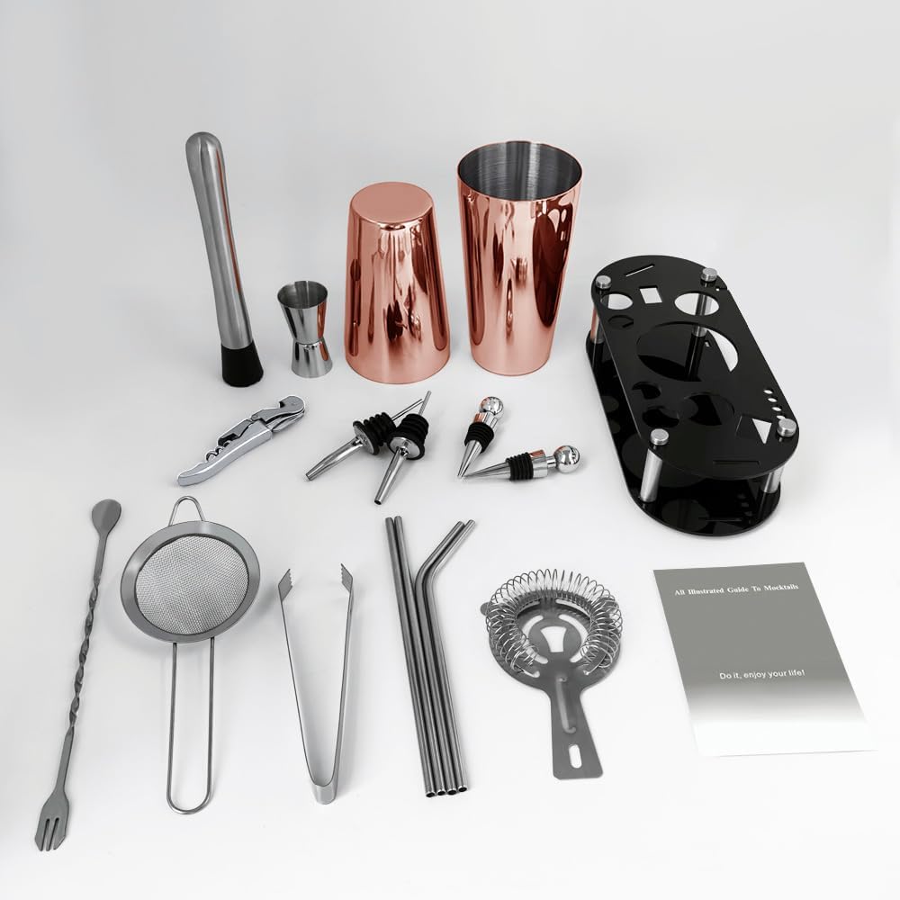 Cocktail Shaker Set Bartender Kit with Stand - 16 Piece Bar Tool Set Drink Mixer Set Includes : Shakers, Jigger, Strainer, Mixer Spoon, Muddler, Liquor Pourers, Straw (Rose Gold-25/20oz)