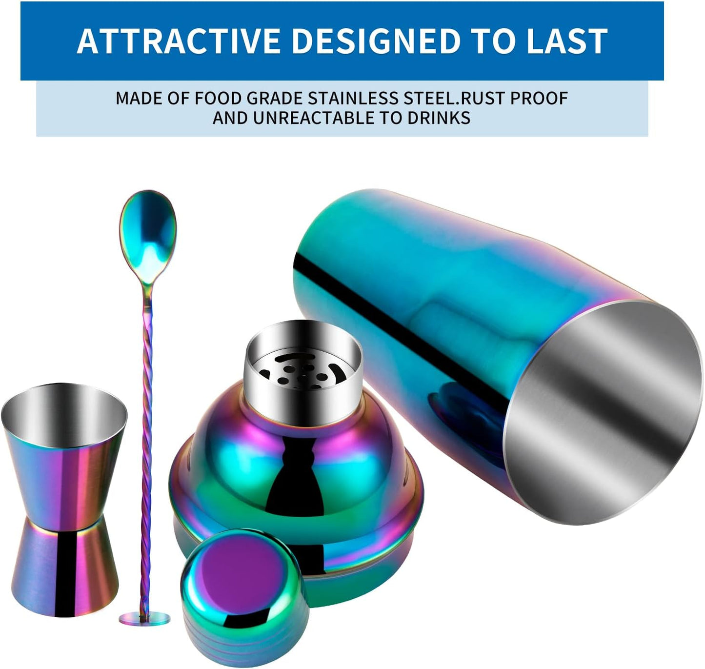 Safring 24oz Cocktail Shaker Bar Set, Martini Shaker with Built-in Strainer, Measuring Jigger, Mixing Spoon, Professional Stainless Steel Large Bartender Drink Shaker Margarita Alcohol Mixer-Rainbow