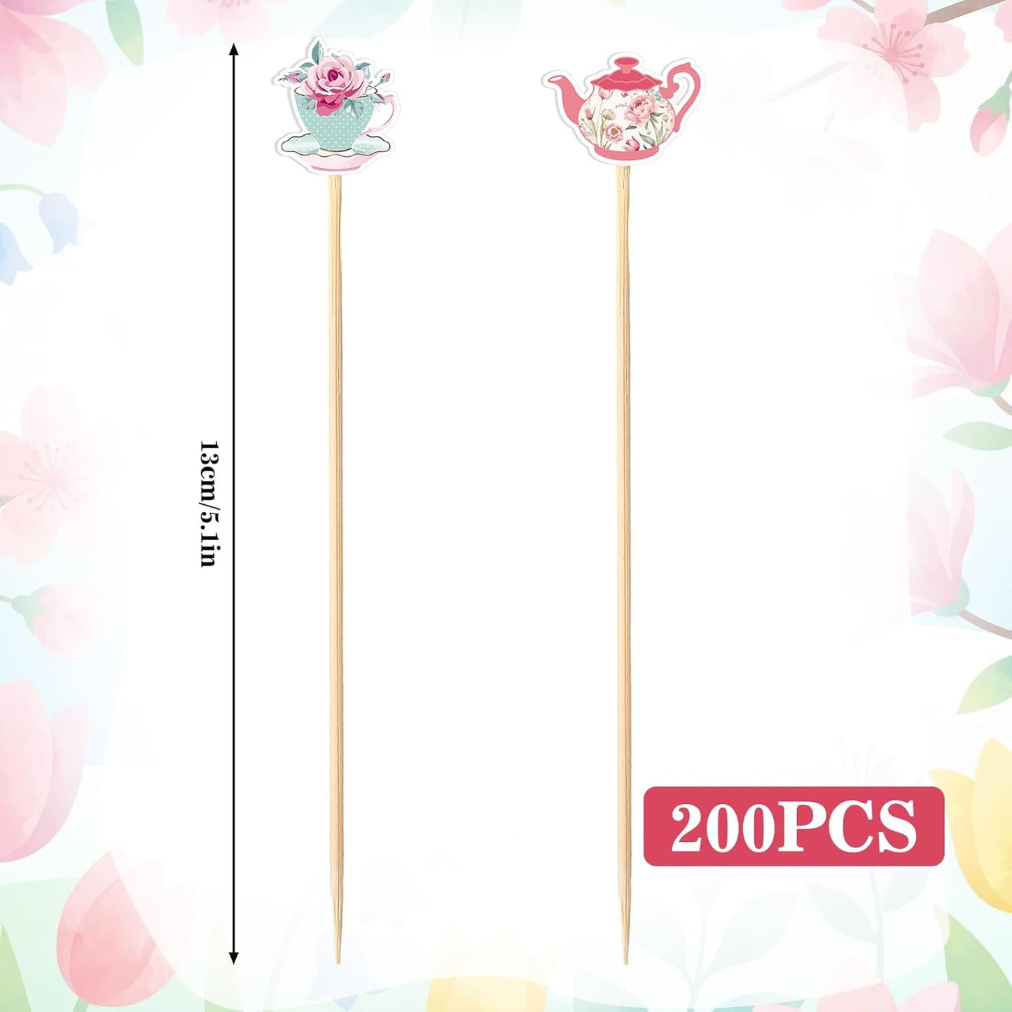 Bokon 200 Pcs Tea Party Cocktail Picks Bamboo Teapot Long Toothpicks for Appetizers Princess Party Flower Food Fruit Sticks for Floral Themed Birthday Wedding Supplies