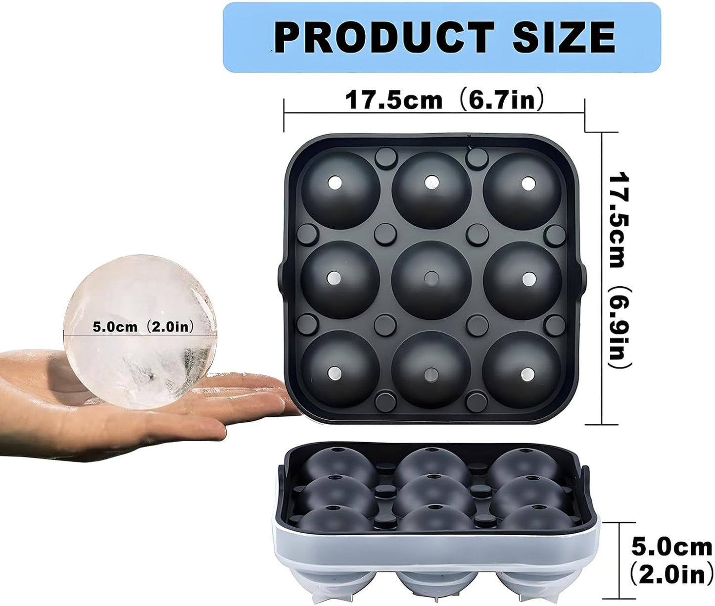 Samuelworld Large Ice Ball Maker with Lid, 9 x 2 Inch Ice Balls - Food Grade, Easy To Fill Round Silicone Ice Tray, Perfect Spheres Craft Ice Maker for Whiskey, Cocktails, Gifting - Black